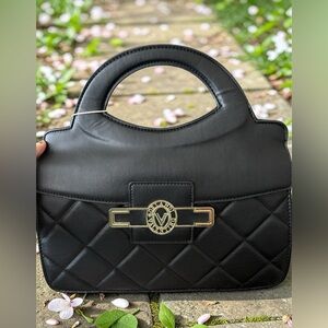 Valentino Orlandi SIXONE V-2002 Quilted Top Handle Satchel Black Gold Logo NWT